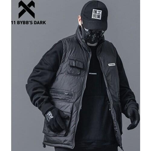 11 BYBBS DARK Hip Hop Padded Cargo Vest Coat Mens Streetwear Multi Pockets Sleeveless Tactical Vest Functional Winter Thicken