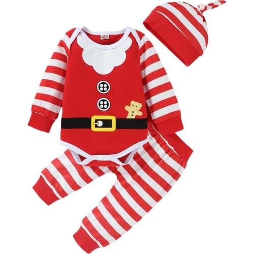 2021-06-30 Lioraitiin Baby Boy Girl Christmas 3Pcs Clothes Set Stripe Printed Pattern Long Sleeve Romper Pants Cap, Green/ Red