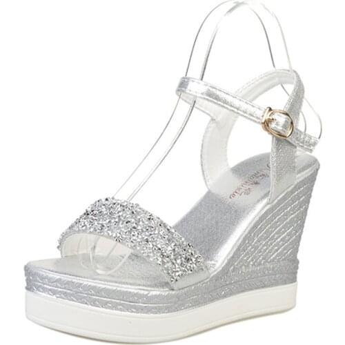 High heels sandals women shinning glitter silver gold platform wedges 2019 summer ladies open toe casual shoes pumps hot