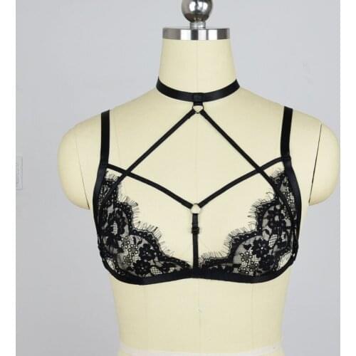 Black Lace Sheer Bra BODY HARNESS Sexy lingerie Crop top Cage bra Harajuku Adjustable harness Goth Sexy bondage Body harness bra