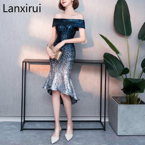 Elegant Short Mermaid Dinner Dress Vintage Sequin Gradient Mermaid Dresses Blue Red Girls Formal Party Dress