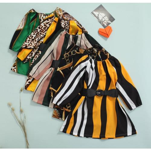 FOCUSNORM 2-7Y Fashion Kids Girls Dress With Belt 2pcs Leopard Striped Printed Long Sleeve Knee Length A-Line Dress