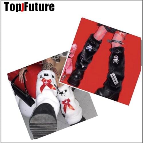 Women Girl Punk Winter Japanese Knee Sleeve Leg Cover Warm Harajuku Black White Furry Leg Warmer Y2k Gothic Lolita Cosplay