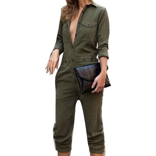 European and American jumpsuit women solid color long-sleeved shirt jumpsuit Ladies' pure green overalls Sizes S to XL