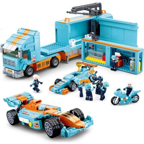 SLUBAN F1 Sports Racing Formula Car City Service Centre MOC Classic Model Vehicle Transporter Building Blocks Figures Bricks