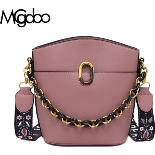 Mgcdoo Fashion Thick Chain Handbag Retro Premium Leather Bucket Bag Simple Solid Shoulder Bag