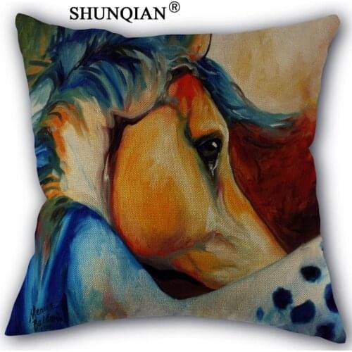 Horse painting Pillowcase Custom Cotton Linen Square Decorative Pillow Cases Cover Zippered 45x45cm one side