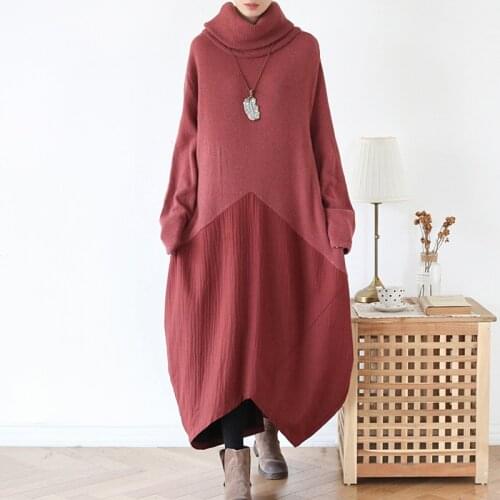 2021 Women new Wool Dress Vintage Patchwork Turtleneck Robes Autumn New Irregular High Quality Warm Women Casual Dresses s17