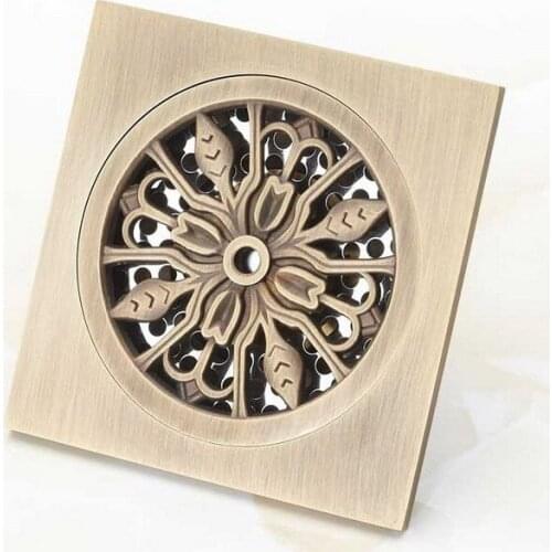 NEW Antique Brass Square Carve Flower Pattern Floor Drain Bathroom Shower Waste Washing Drain Grate ahr020