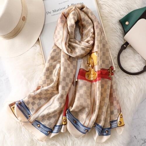 Spring and Autumn European and American New Imitated Silk Scarf Womens Korean-Style Long Shawl Thick Warm Leather Buckle Scarf