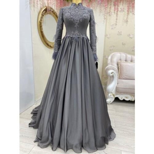 Grey Appliques Feather Long Sleeve Muslim Prom Dress 2021 A Line Saudi Arabic Evening Formal Party Gowns платье robe de soirée