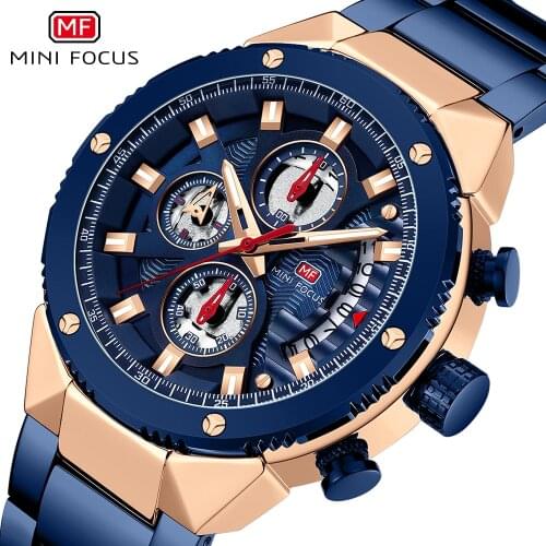 MINI FOCUS Blue Sport Men Watch Multifunction Sub-Dial Fashion Chronograph Mens Watches Top Brand Luxury Solid Steel Strap Clock