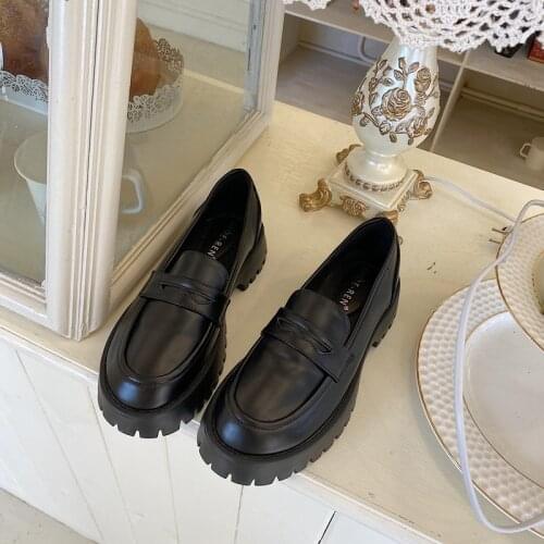 New Fashion Black Punkthick-soled Womens Pu Loafers Round Toe Thick Heel Retro Shoes for Ladies One-pedal High Heels for Ladies