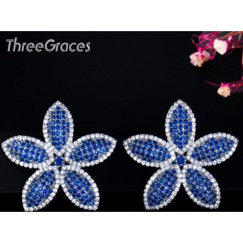 ThreeGraces Cute Bohemian Red Blue Green Cubic Zirocnia Big Flower Stud Earrings for Women Bridal Engagement Party Jewelry E380