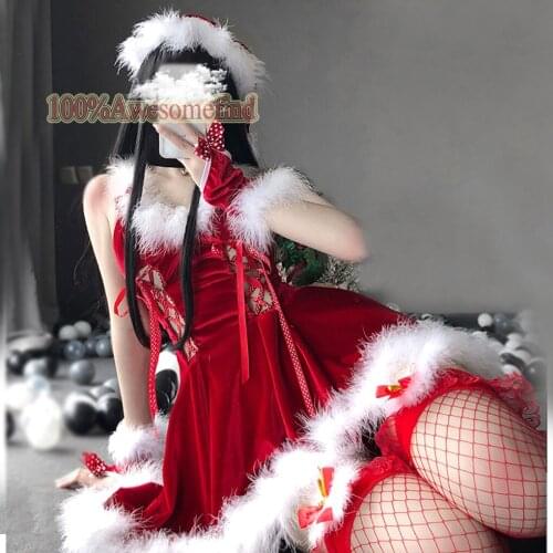 Women Santa Claus Waitress Cosplay Costume Sexy Lingerie Winter Warm Sleeveless Velvet Dress Christmas Xmas Party Maid Uniform