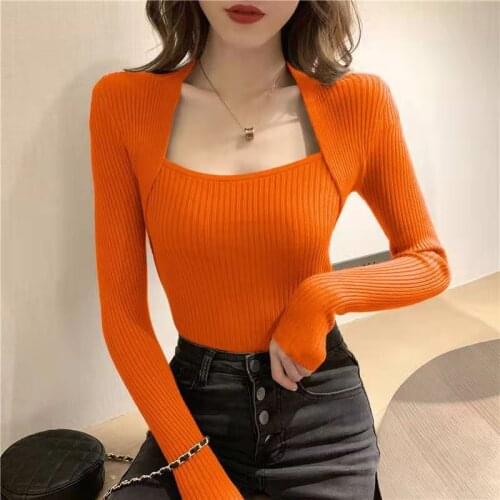 Spring Autumn Long Sleeve Womens Knitwear Pullovers Sexy Square Collar All-Match Top Casual Full Color Slim Ladies Sweater