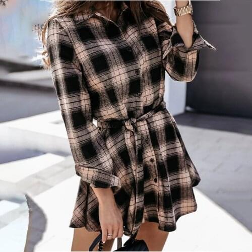 Womens Shirt Dresses Plaid Print Single Breasted Lapel Button Shirts Dress With Belt 2021 Spring Female Casual Fashion Clothing
