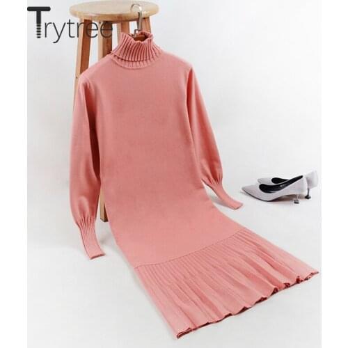 Trytree 2020 Autumn Winter Women Casual Dress Turtleneck All-Purpose Style Solid Knitting Loose Spliced Pleated Mid-Calf Dress