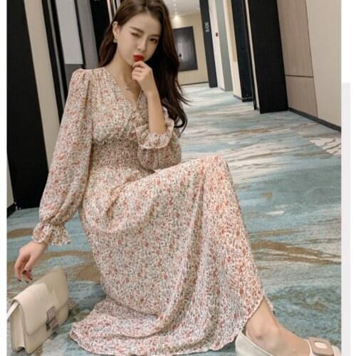 Fashion Casual Chic Vintage Long Maxi Dresses Elegant V-neck Chiffon Floral Dress Women Full Sleeve Women Dress Vestidos Y563