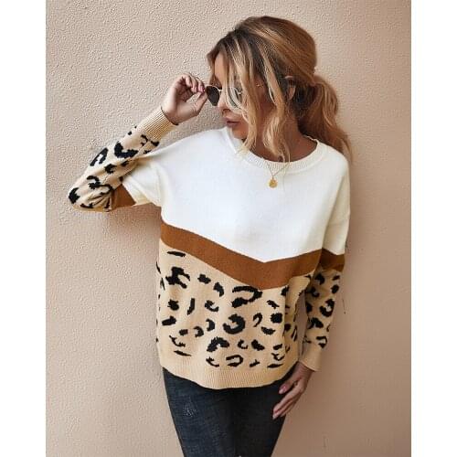 2020 High Quality Womens Wool SweaterLadies Autumn Winter Sweater Leopard Print Stitching Round Neck Pullover Plus Size