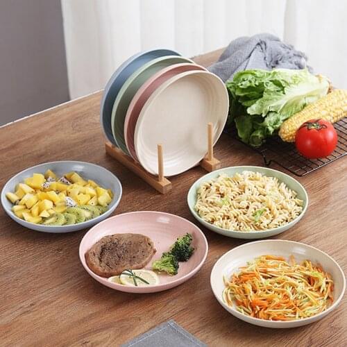 4pcs/Set Wheat Straw Tableware Reusable Household Tableware Kids Adult Salad Soup Plate Round Dishes Kits