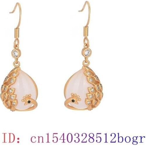 White Jade Peacock Earrings Crystal Gemstone Zircon Charm Jewelry Gifts Fashion Women Natural 925 Silver Amulet Chalcedony