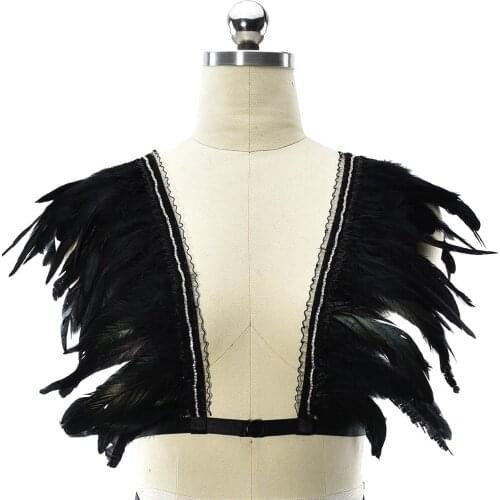 Black Punk Harness Burning Feather Bra Goth Crop Top Body Cage Women Sexy Feather Shawl Bralette Adjustable Bandage Body Harness