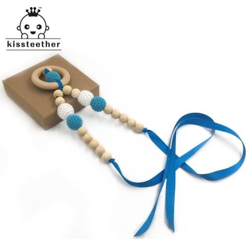 Baby Teether Necklace Safe Bright Ribbon Teether Necklace Organic Natural Wooden Crochet Bead Mom Kids Wooden Teether Necklace