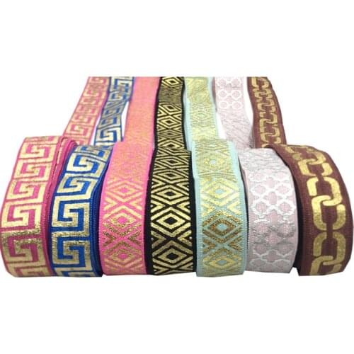 5/8 Inch Geometry Printed FOE Gold Metallic Silver Fold Over Elastic - Elastic for Baby Headbands and Hair Ties