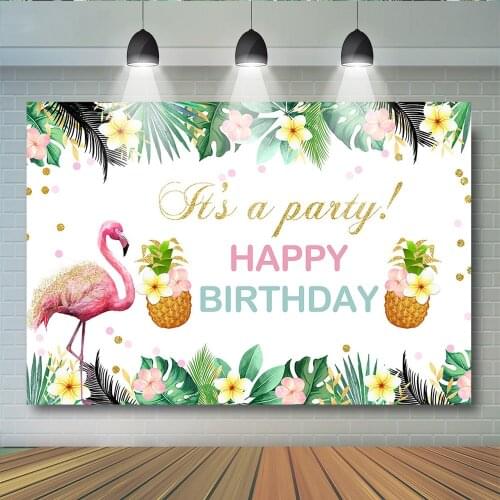 Flamingo Birthday Photo Background Girl Flowers Summer Aloha Party Photography Backdrop Pineapple Fruits Green Leaves Photocall