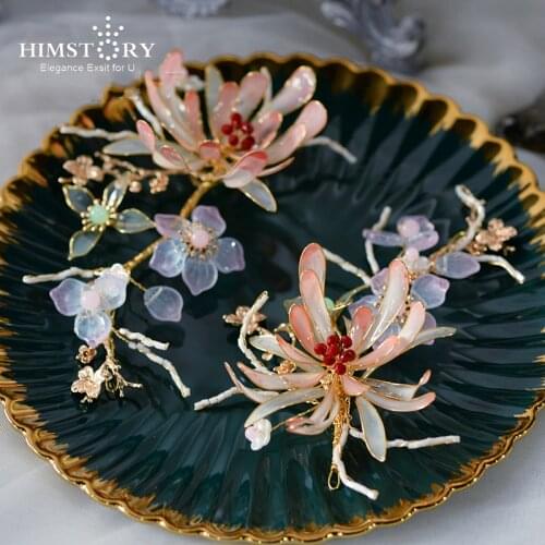 HIMSTORY Fashion Romantic Pink Flower Bridal Hairpins Barrettes Headpiece Wedding Hair Accessories Evening Headdress Accessories
