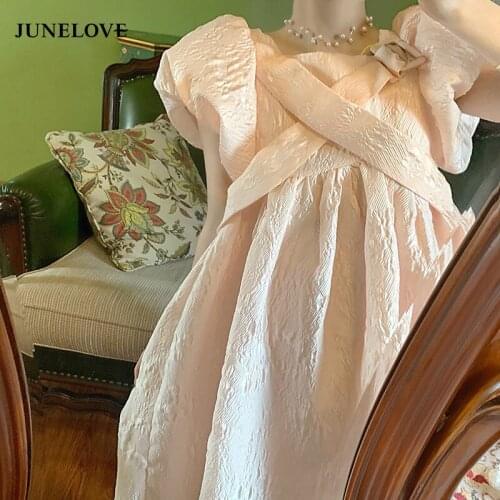 JuneLove Summer Sweet Kawaii Dress Women Vintage Fairy Bubble Sleeve Pink Dress Cross A-line Loose Pretty Princess Cute Dress