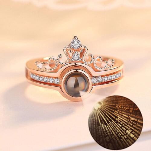 2 Rings/ Set 100 Language I Love You Ring Rose Gold Silver Color Memory Projection Crown Open Adjustable Wedding Jewelry