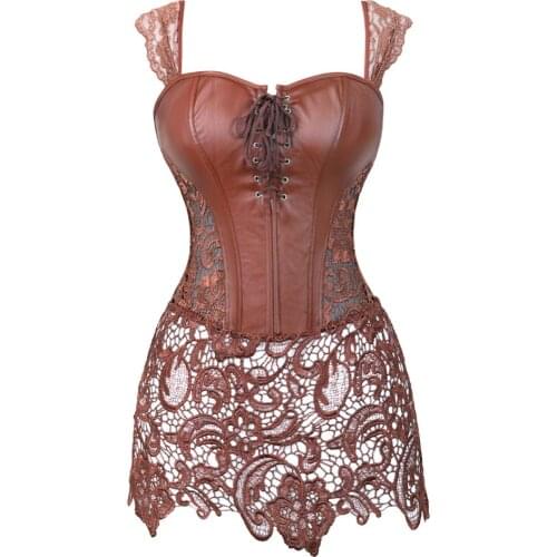 Steampunk Corset with Lace Dress Plus Size Faux Leather Zipper Lace up Back Bustier Holiday Evening Party Clubwear for Women