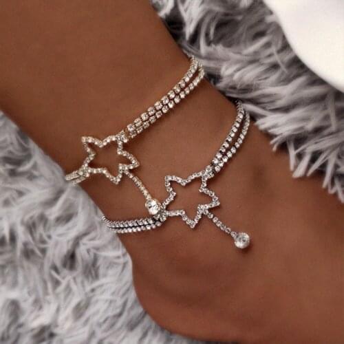 Summer Beach Star Rhinestone Anklets Gold Silver Color Double Layer Crystal Tennis Chain Anklet For Women Foot Bracelet Jewelry