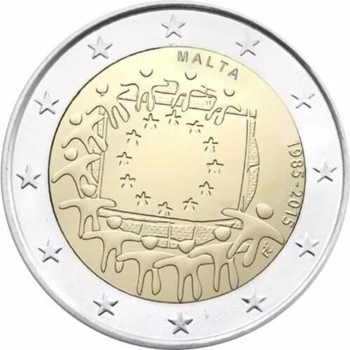 Maltas 30th Anniversary Use EU Flag in 2015 2 Euros 100% Real Original Coins Currency Coins Unc