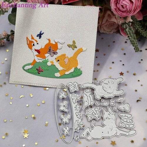 The Cat and Dog Chasing Butterflie Metal Cutting Dies Stencils for DIY Scrapbooking/Photo Album Decorative Embossing Paper Cards