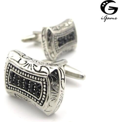 IGame Mens Vintage Cuff Links Silver Color Brass Material Black Stone Rome Design Shirt Cufflinks Free Shipping