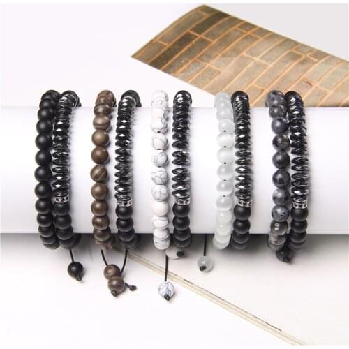 2pcs Hematite Stone Beads Bracelet Set Erkek Bileklik Jewelry Mens Fashion Bracelets For Women Punk Pulseras Mujer Couples Gift