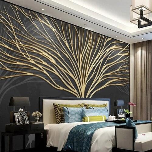 Custom Mural Wallpaper Modern Hand-painted 3D Creative Tree Light Luxury Golden Embossed Line Background Wall Papers Home Decor
