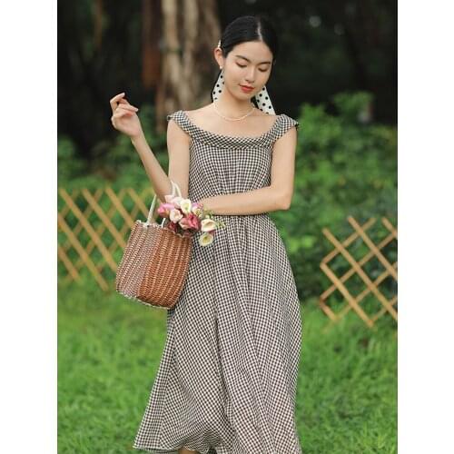 Summer New Womens French Style Retro Girl Young Plaid Mid-Length Dress Literary Pastoral Style Bohemia Travel Holiday Dress