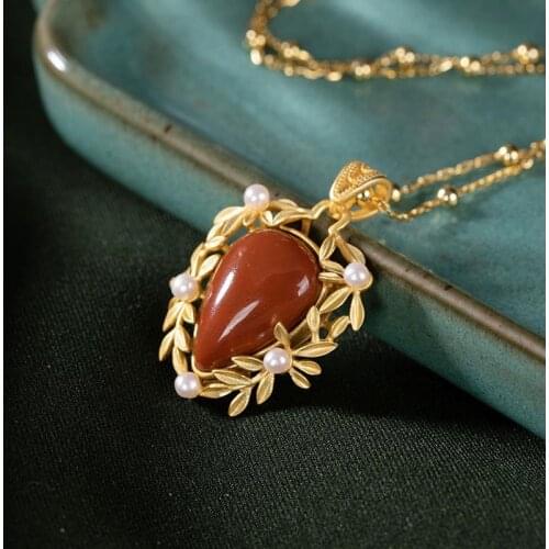 Original S925 Sterling Silver Gold Natural South Red Agate Pearl Leaf High-End Ladies' Pendant Chain Set Accessories