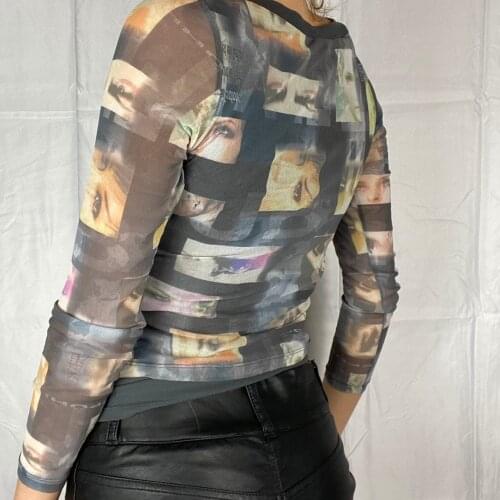 Sheer Mesh T-Shirt Fashion Portrait Eyes Pattern Fantastic Printed Long Sleeve O-Neck Slim Crop Tops Spring See Through Shirt