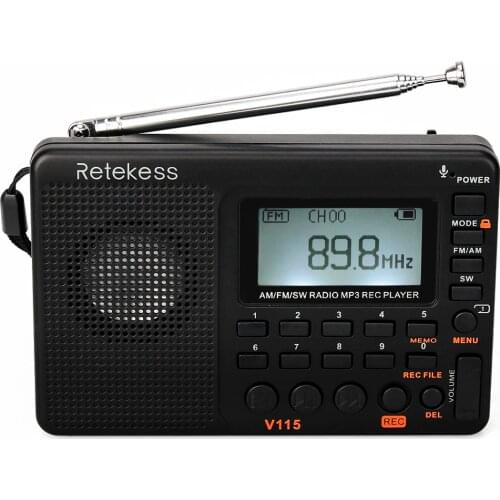 Retekess V115 FM/AM/SW Radio Receiver Bass Sound MP3 Player REC Recorder Portable Radio with Sleep Timer TF card Portable Pocket