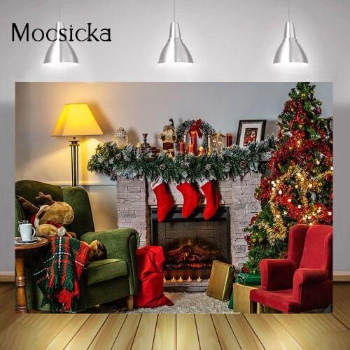 Christmas Trees Photography Backdrop Fireplace Red Socks Winter Family Party Background Decoration Sofa Living Room Photocall