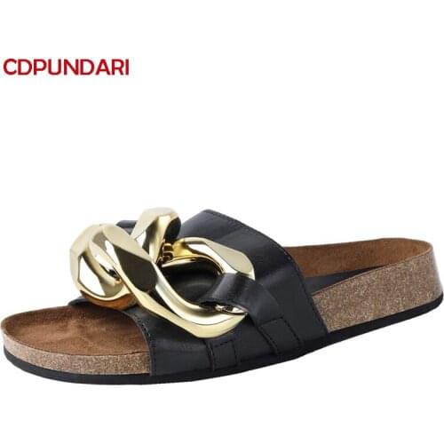 Ladies Fashion Chain Genuine Leather Flat Platform Sandals Women Summer Casual Shoes Sandales Femmes 2021 Sandalias Mujer