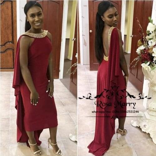Sexy Backless Burgundy African Evening Dresses 2020 Gold Sequined Plus Size Tea Length Black Girls Vestido De Festa Party Gowns
