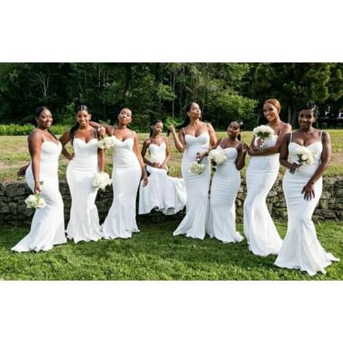 Sexy Long Satin Mermaid Spaghetti White Bridesmaid Dresses Custom Made Lace Up Back Arabic Formal Wedding Party Dresses