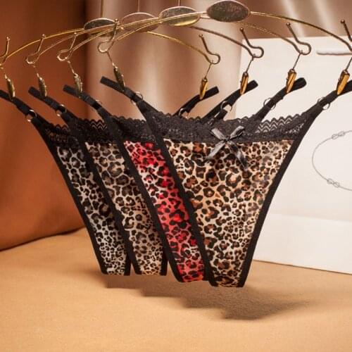 Womens Sexy Low Rise Leopard Briefs Lingerie Hollow Out Lace Patchwork G-String Underwear Bowknot Front Ultra-Thin Thong