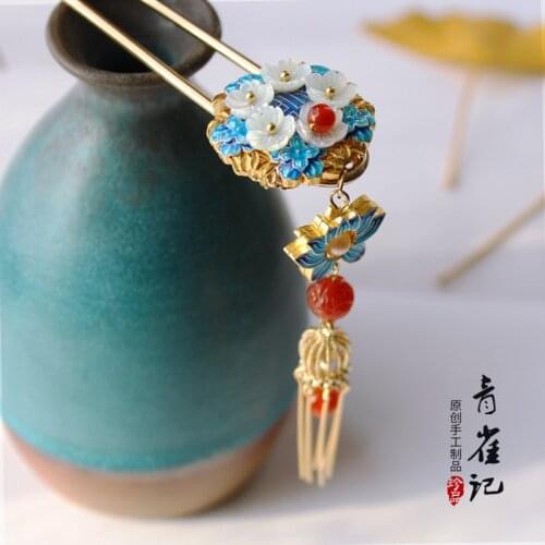 Vintage handmade shell tassel Cloisonne hairpin sticks cheongsam Headwear do-up tools for hair bun kimono COSPLAY